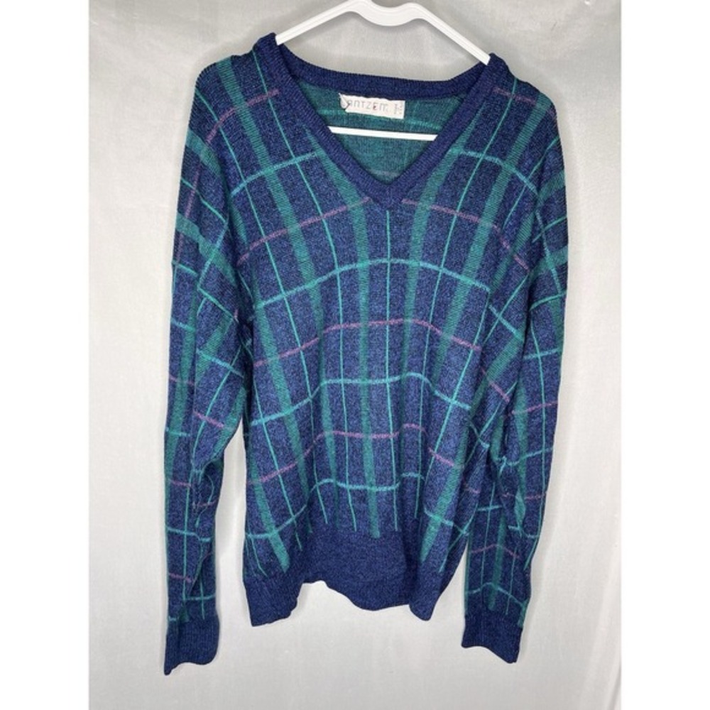 Mens L Vintage Jantzen‎ Grandpa Pullover Acrylic Sweater Plaid Blue Green  USA